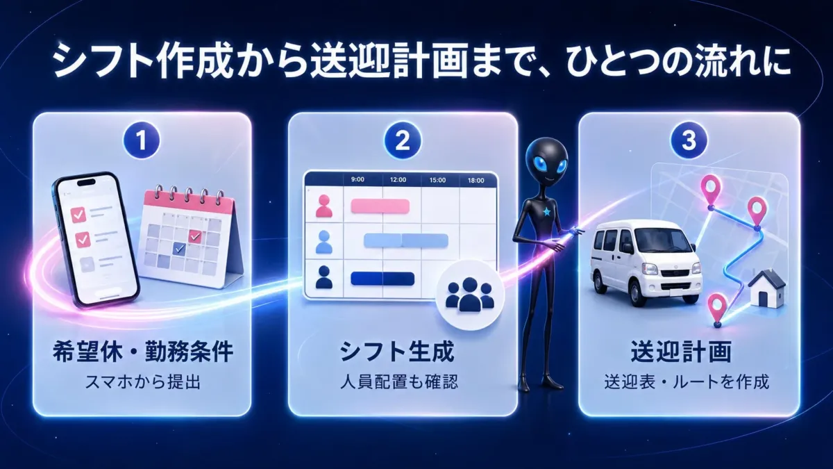 シフト作成から送迎計画までの一連の業務フローを示す画像。スマホでの希望休・勤務条件提出、人員配置を含むシフト生成、送迎表とルート作成までを一貫して管理できるシステムを表しています。