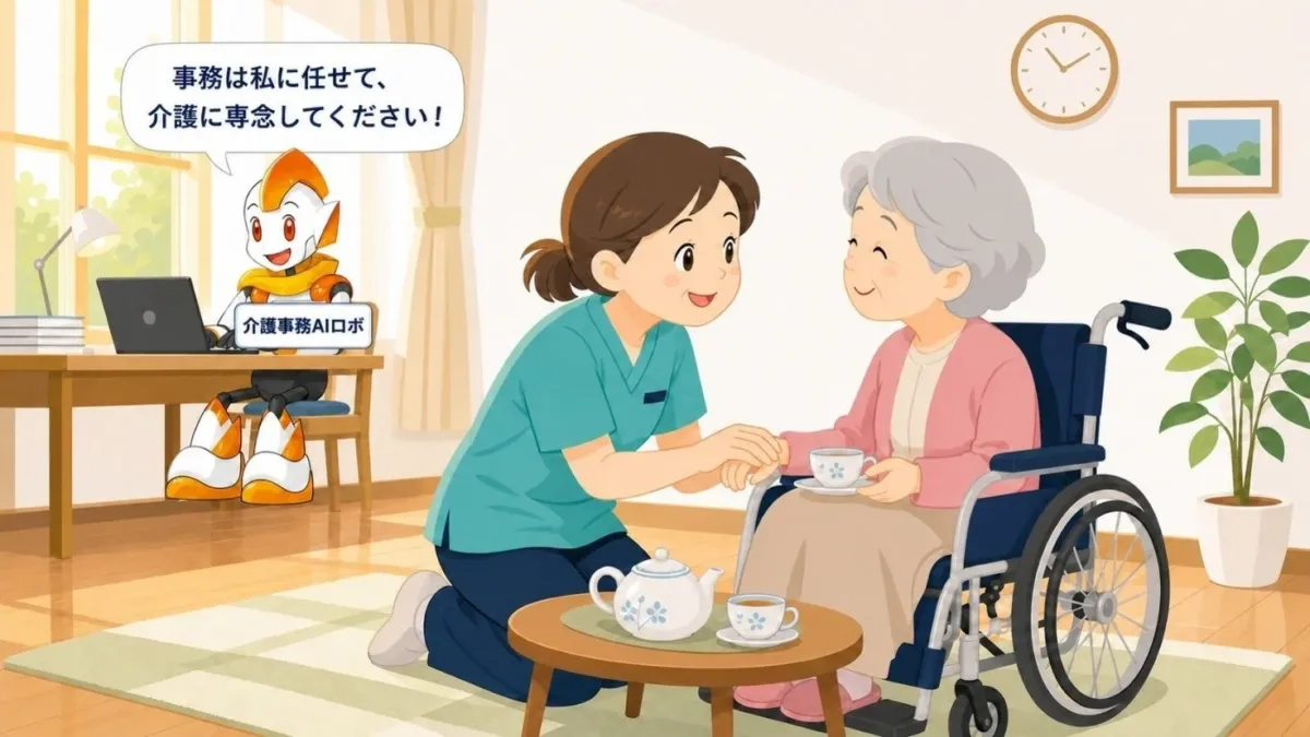 介護士と高齢者、AIロボが事務作業を代行する様子